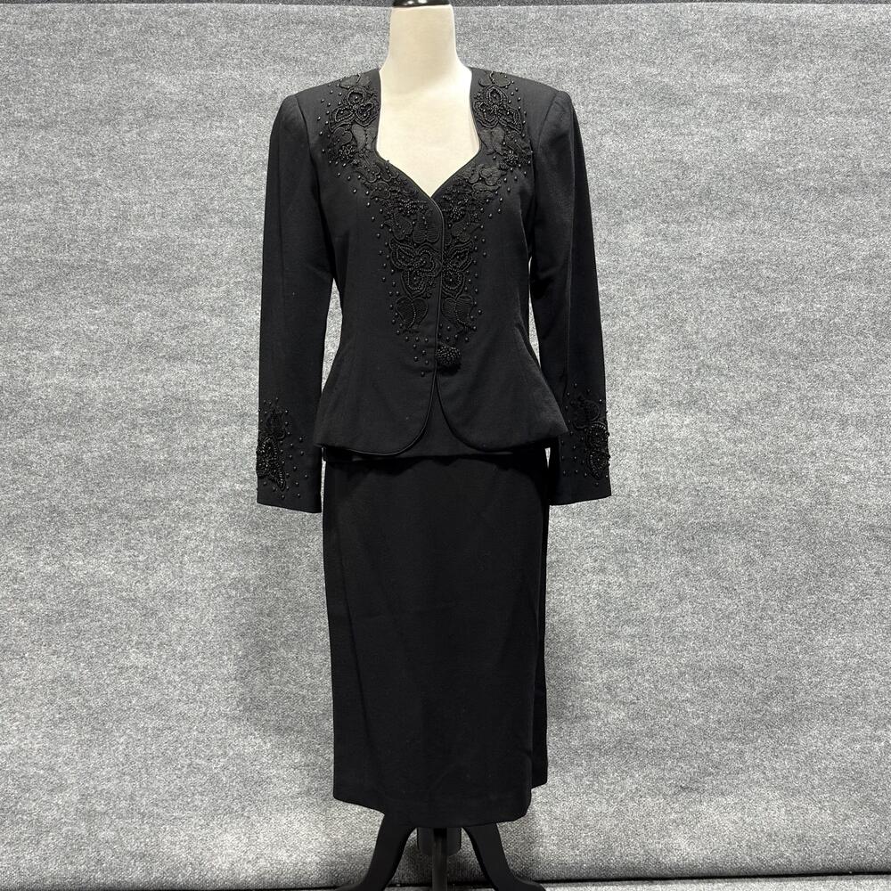 Vintage Nomi Rubinstein Skirt Suit Womens Small Black 3 Piece Beaded Formal 90s